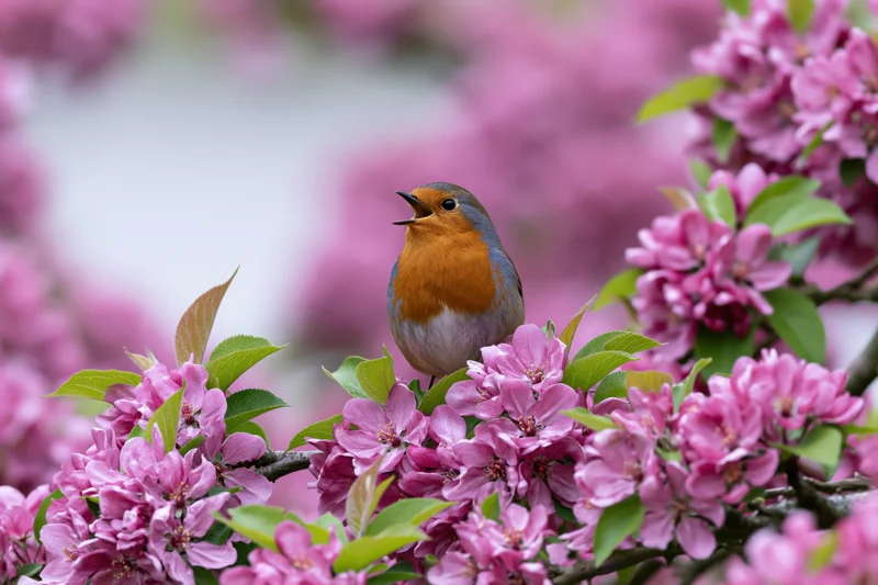 Robin singing perched on flowering crabapple branch in spring garden