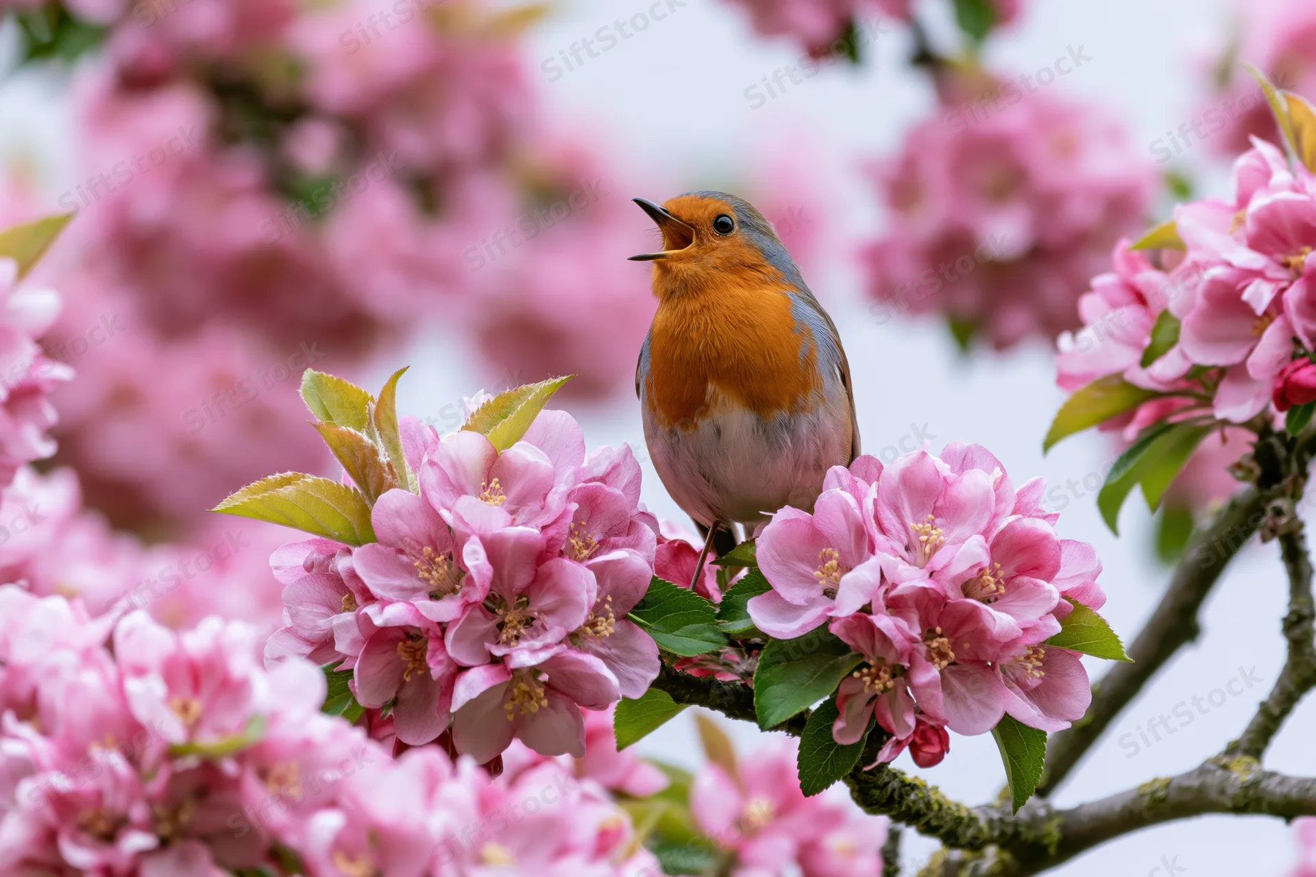 Robin singing on a flowering crabapple branch in spring garden