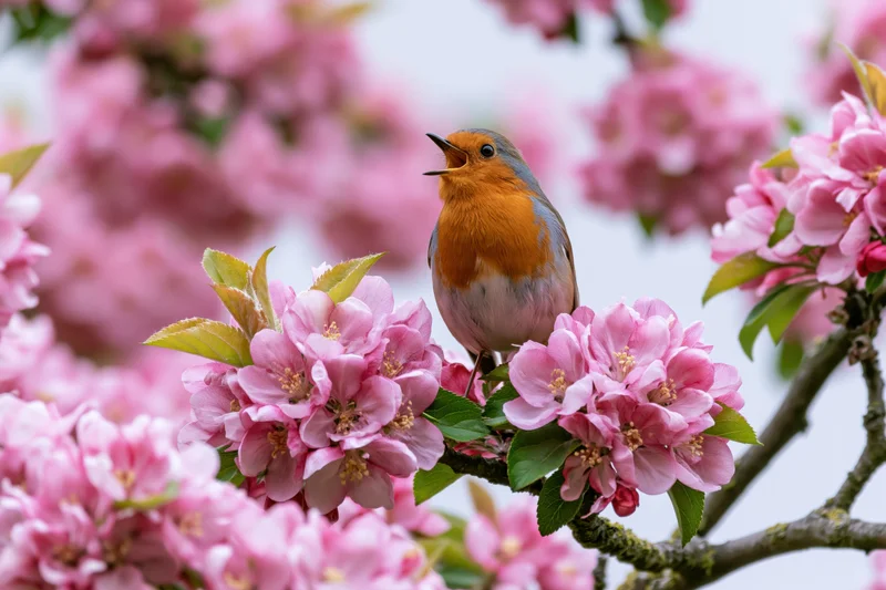 Robin singing on a flowering crabapple branch in spring garden