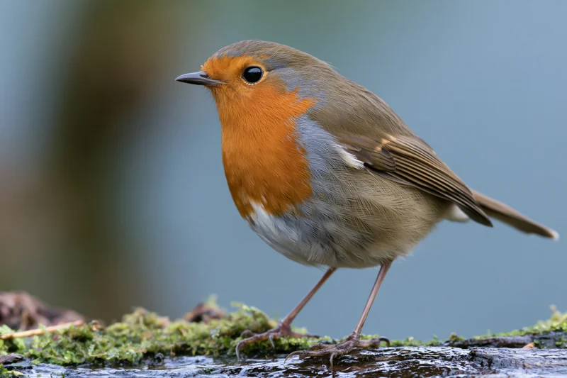 European robin perched on a mossy wet log in a forest understory