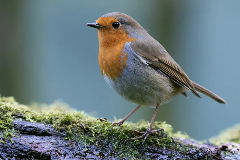 European robin perched on mossy wet log in forest understory