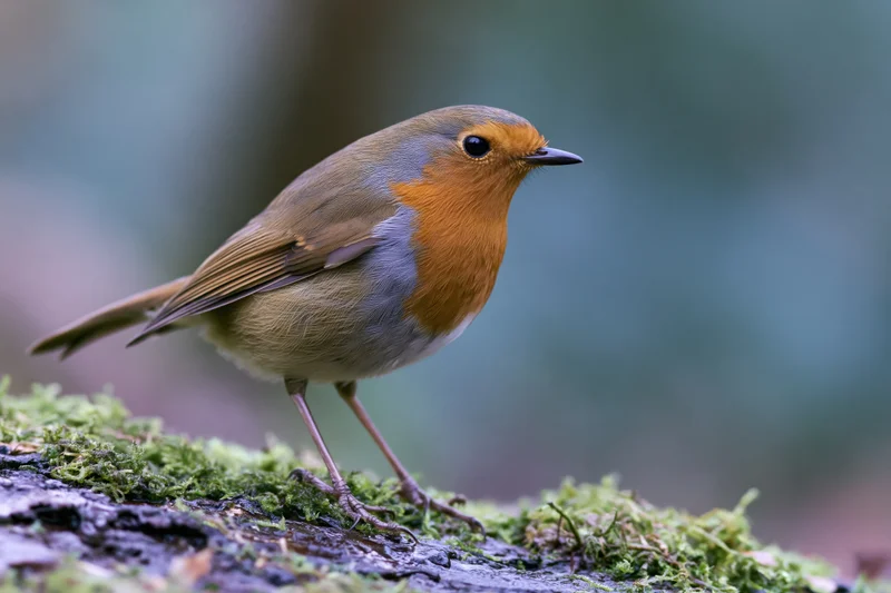 European robin perched on a mossy wet log in forest understory