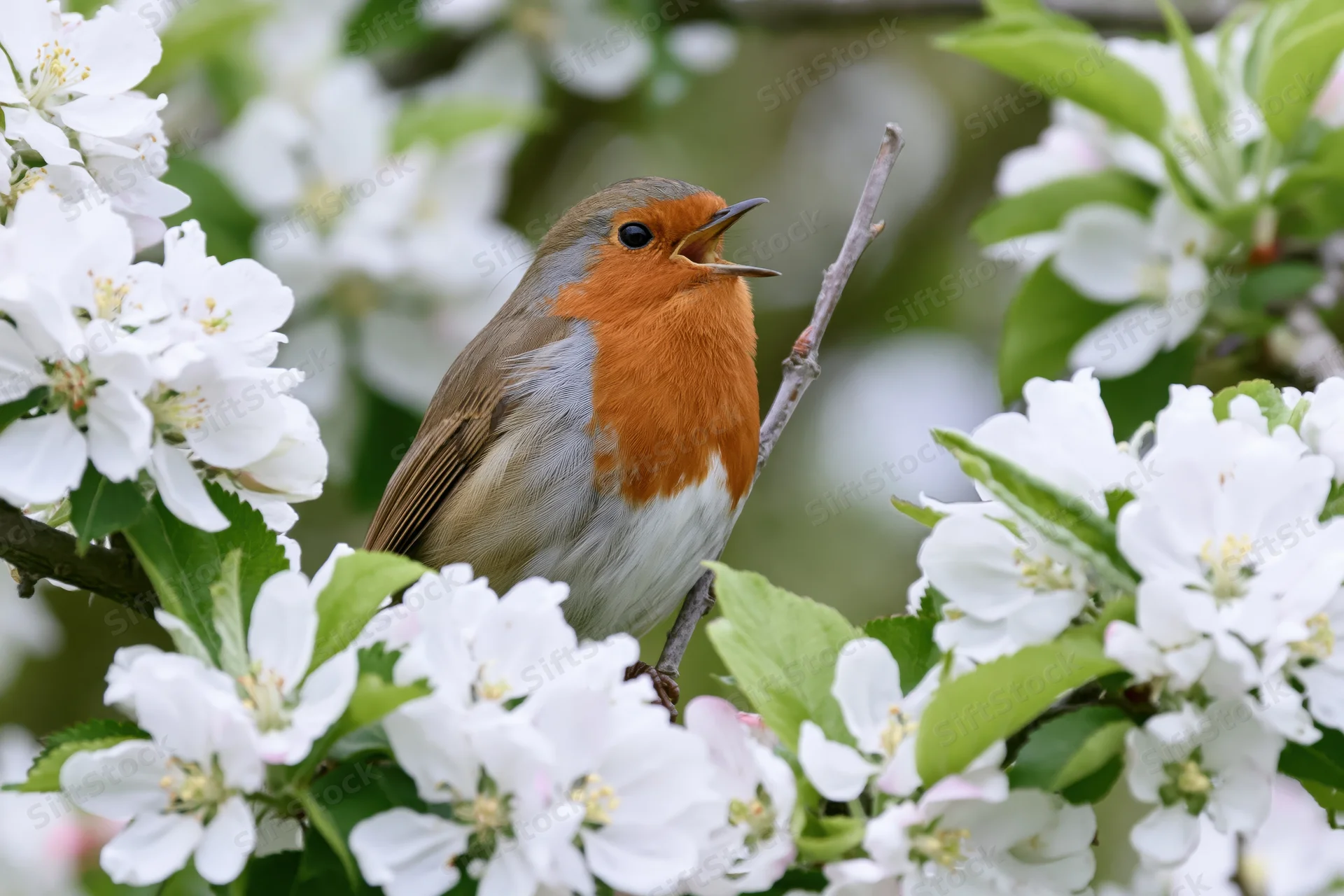 European robin singing perched on a branch among white blossoms in spring garden