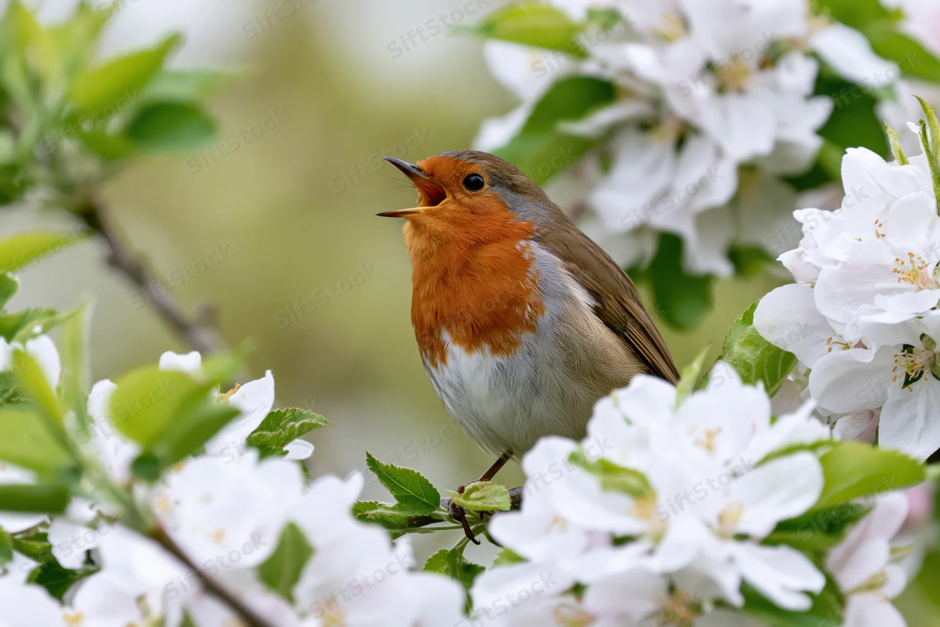 Robin singing perched on a blossoming apple tree branch