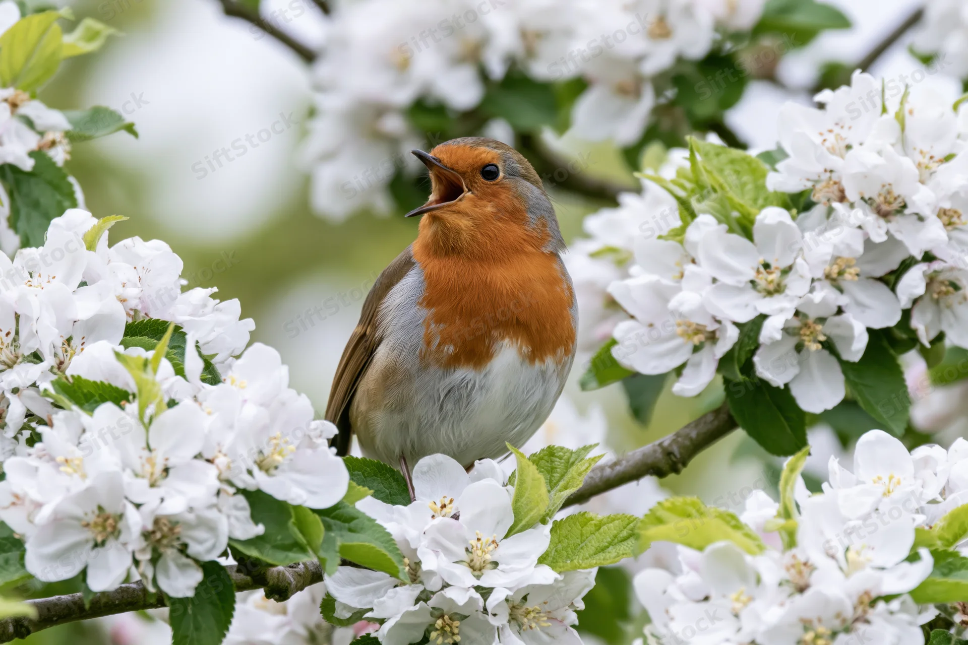 Robin singing perched on a blossoming tree branch in spring