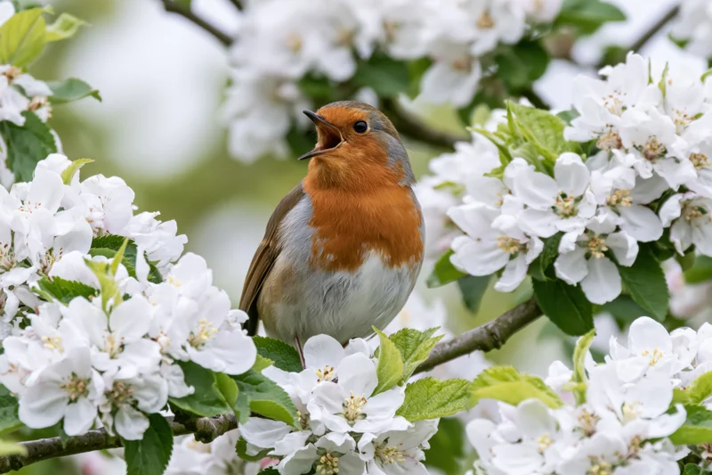 Robin singing perched on a blossoming tree branch in spring