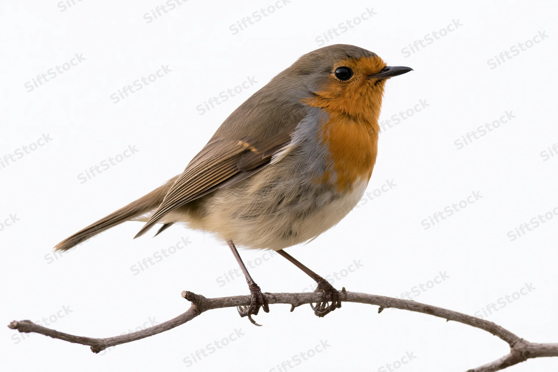 European robin perched still on a bare twig facing left against white background