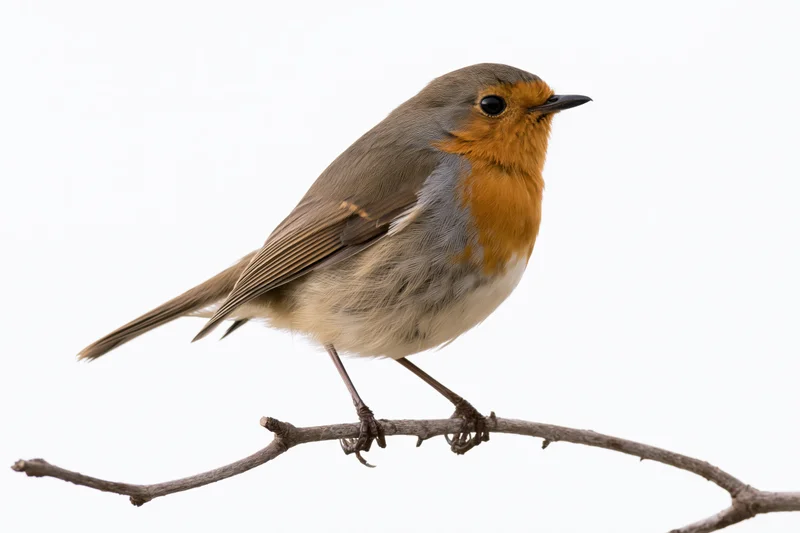 European robin perched still on a bare twig facing left against white background