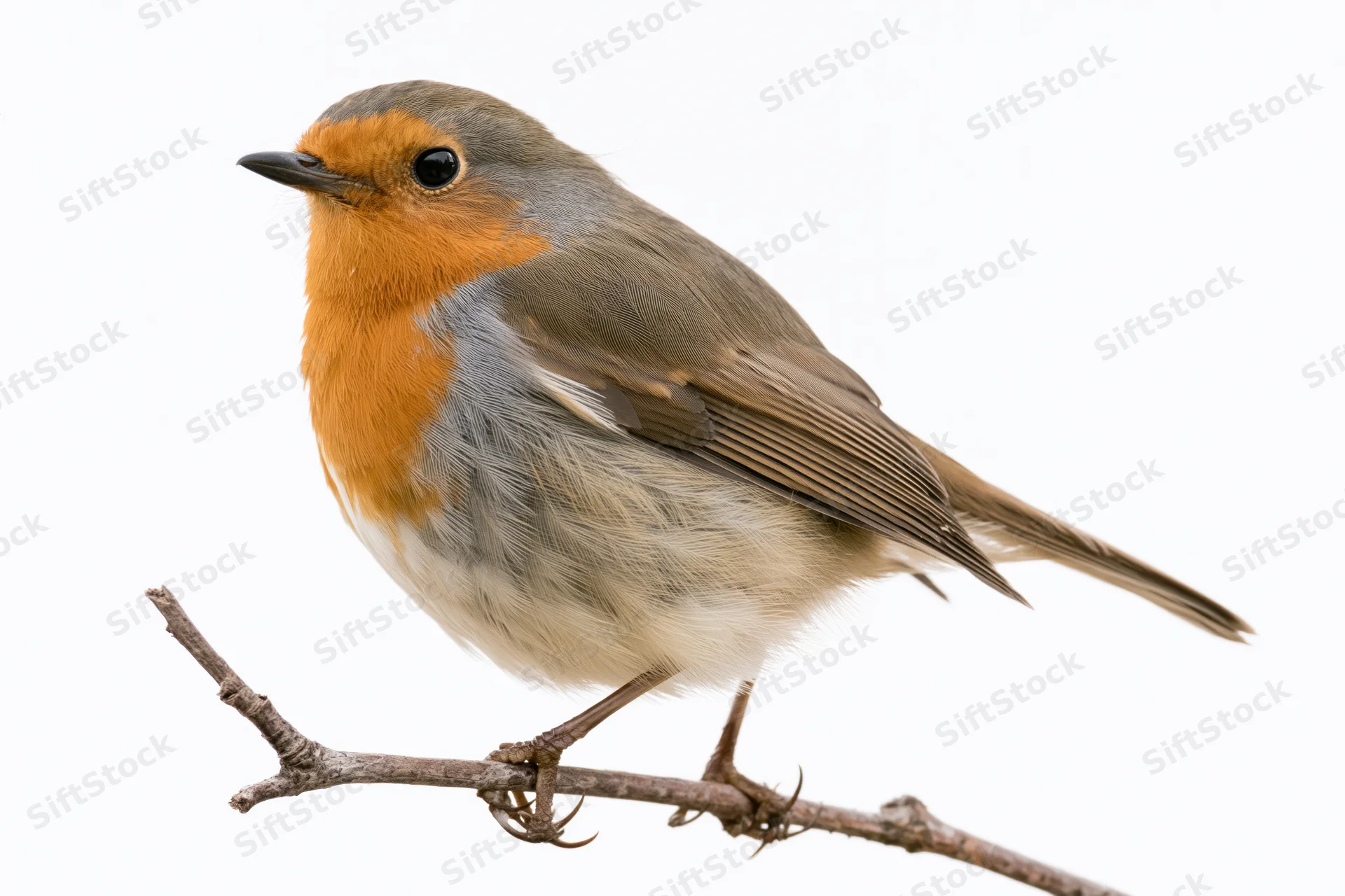 European robin perched still on a bare twig facing left against white background