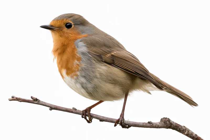 European robin perched still on a bare twig facing left against white background