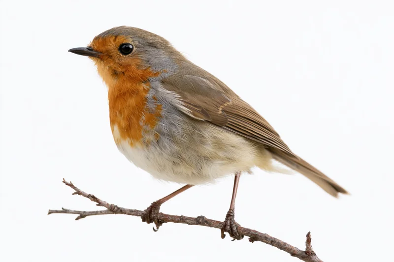 European robin perched on a thin twig facing left against white background