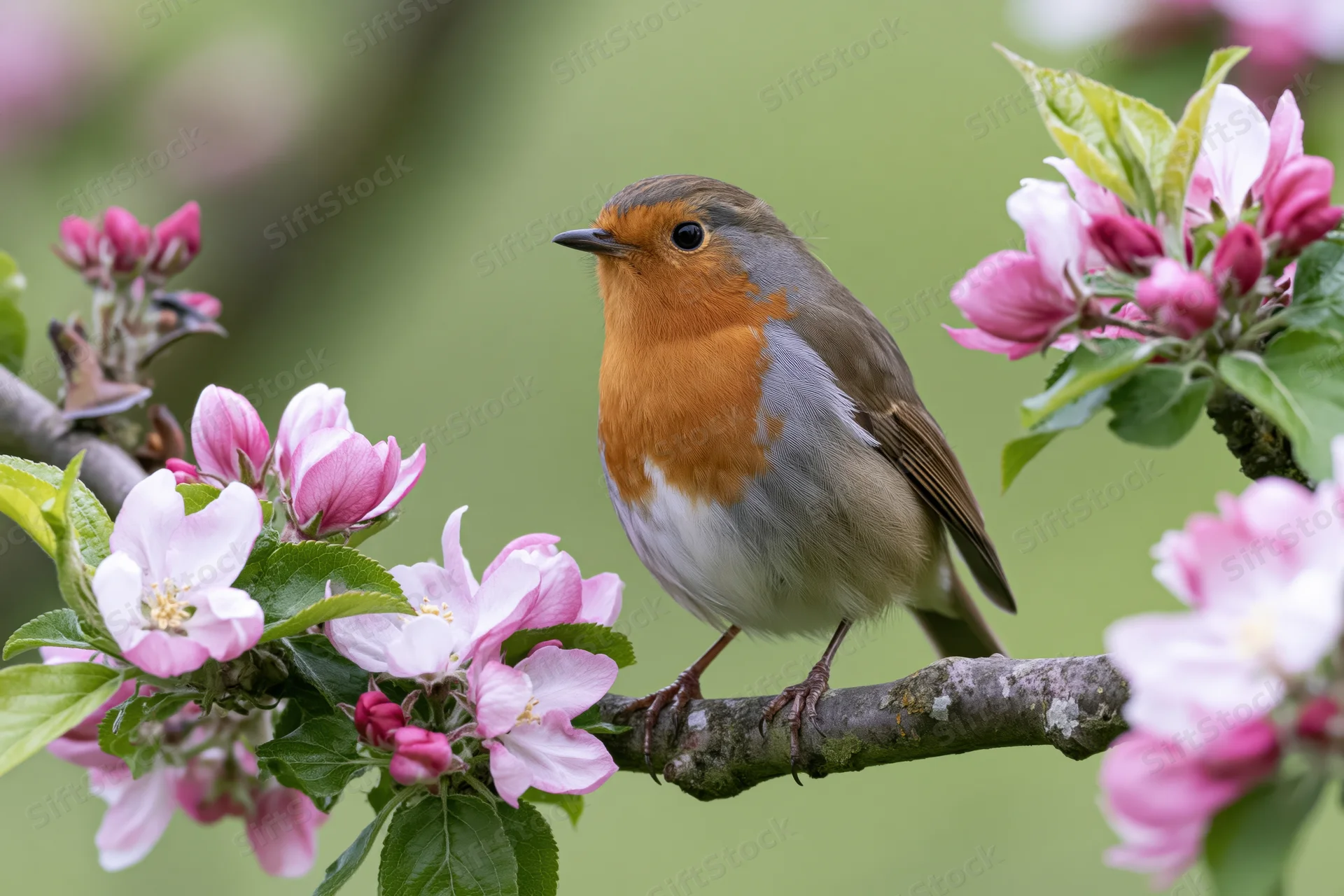 Robin perched still on a flowering apple tree branch