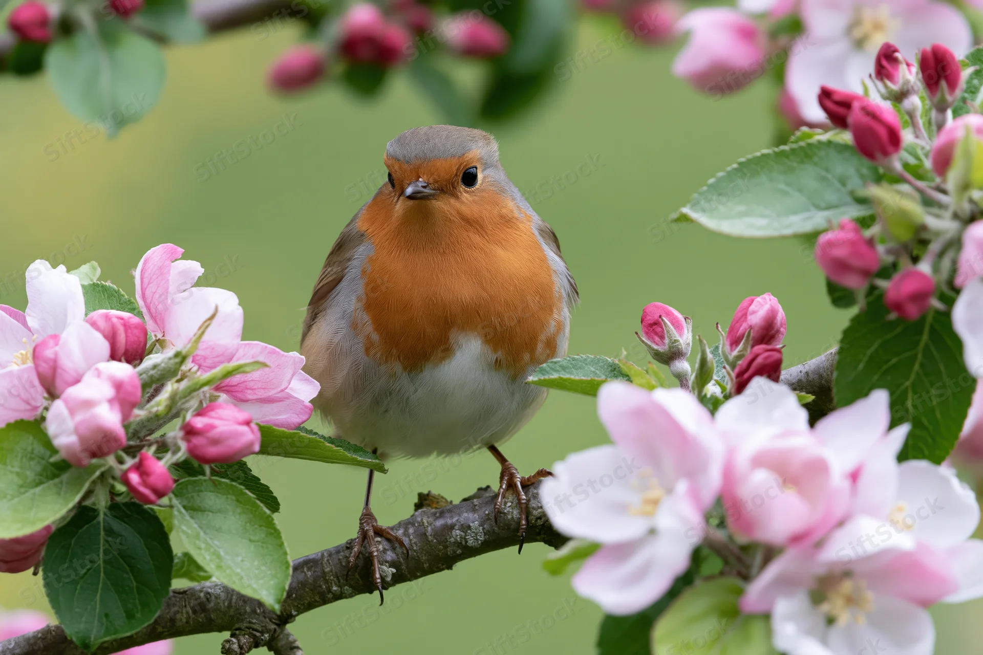 Robin perched still on a flowering apple tree branch