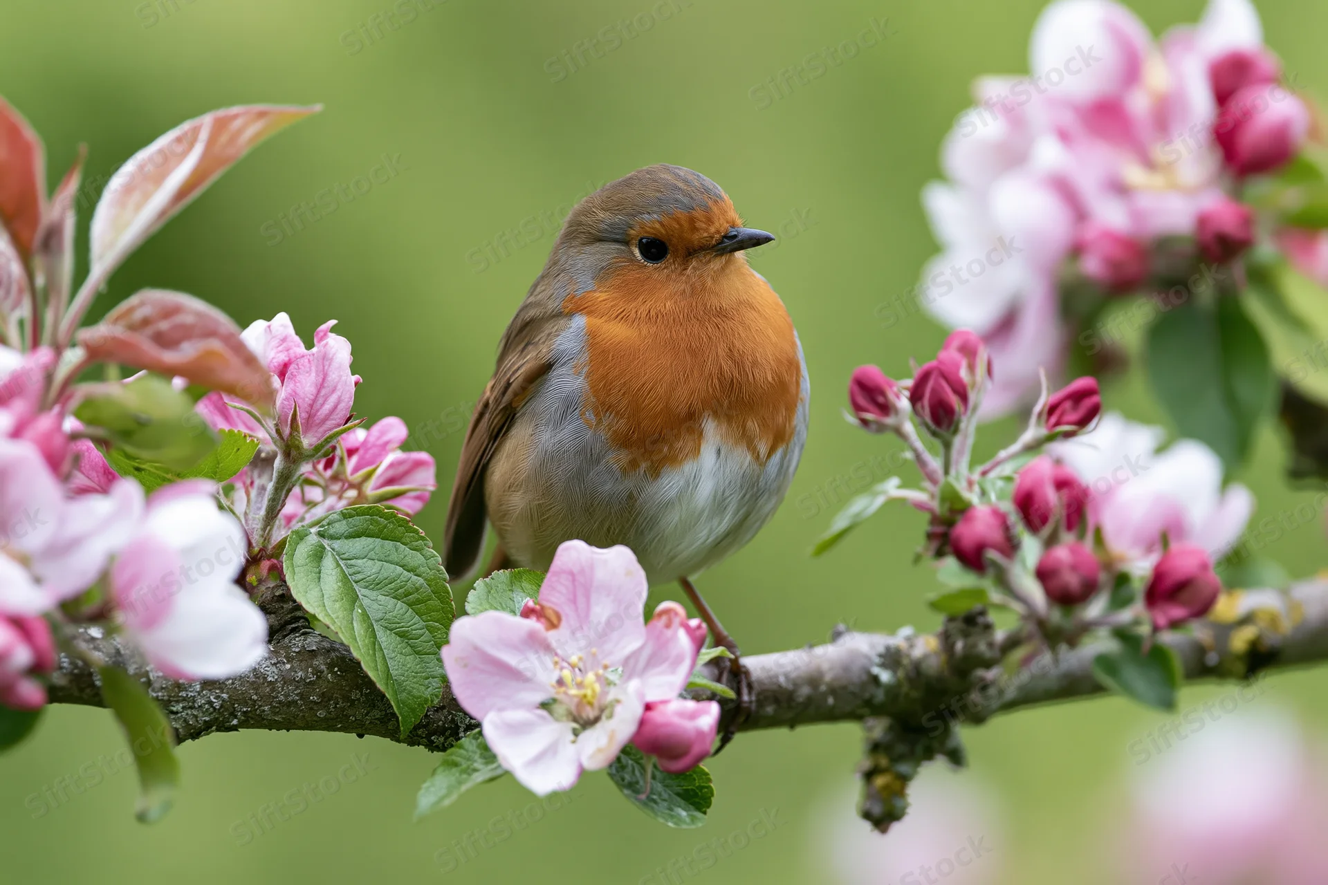 Robin perched on flowering apple tree branch in spring garden