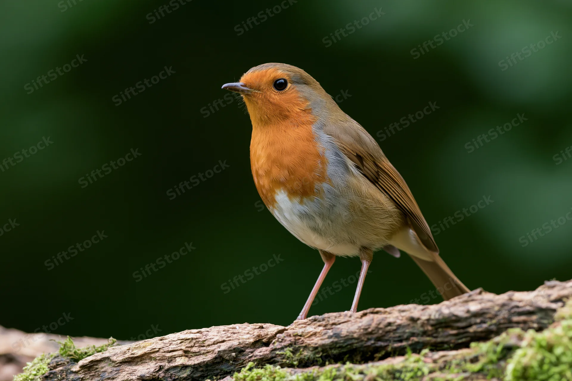 European robin perched upright on a mossy weathered log facing left in a forest setting