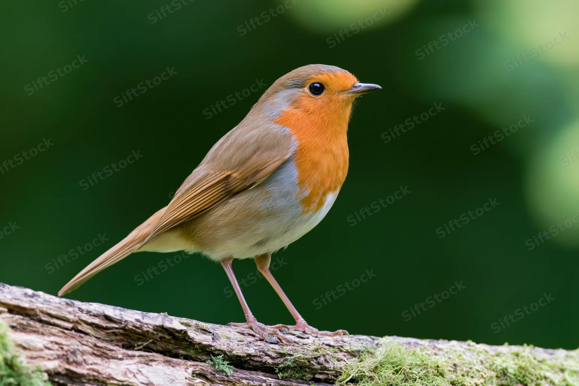 European robin perched upright on a mossy weathered log in a forest setting