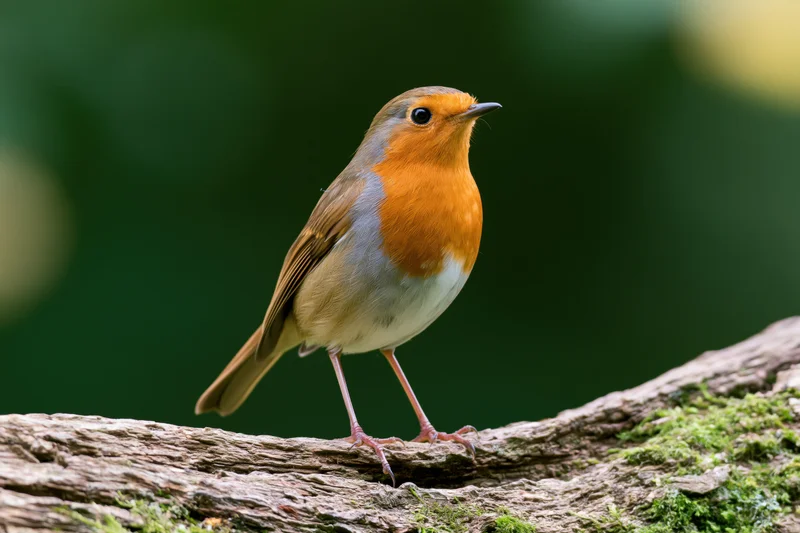 European robin perched upright on a mossy weathered log in a forest setting