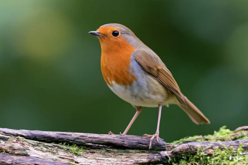 European robin perched upright on a mossy weathered log in a forest setting