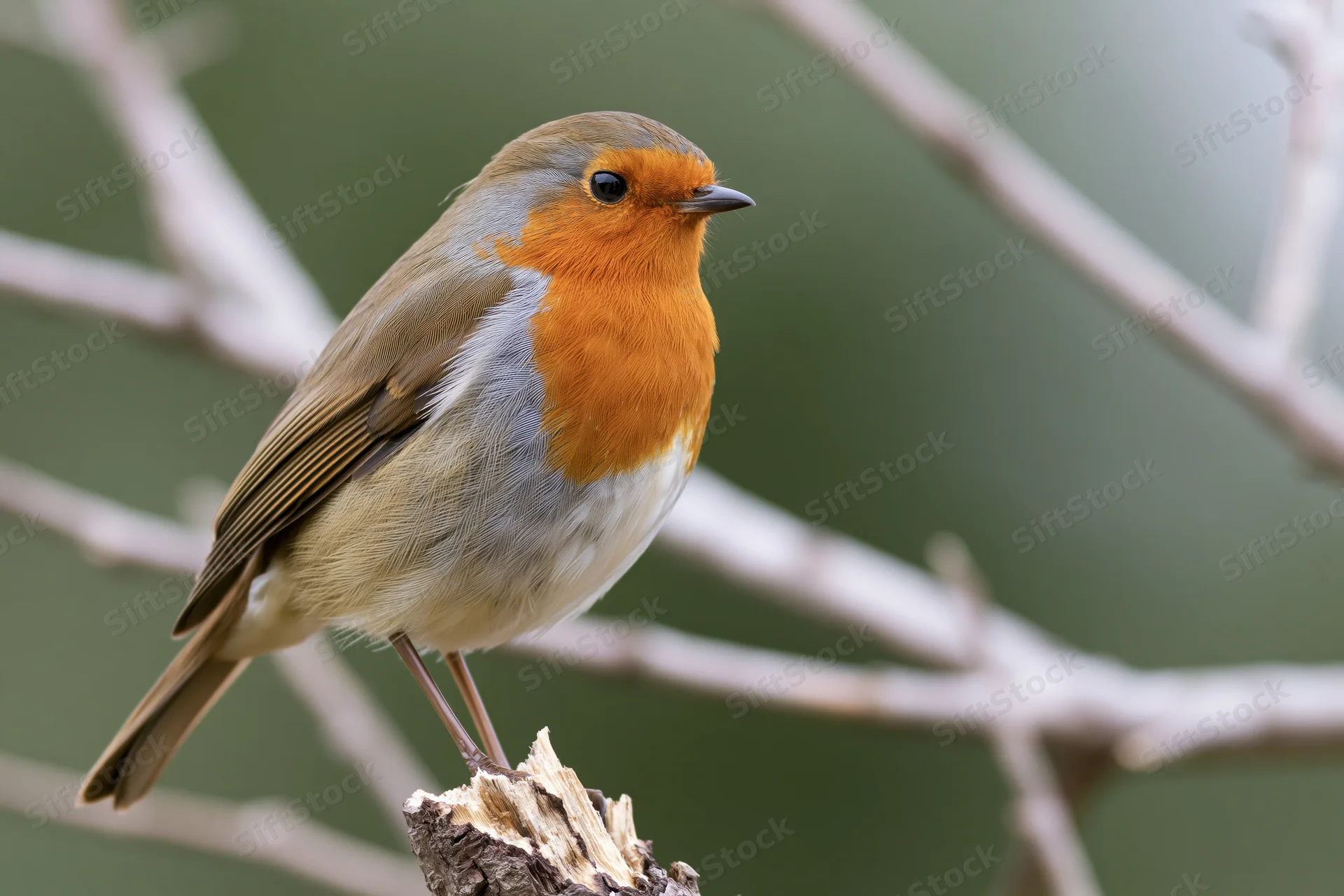 European robin perched upright on a broken tree stump in a woodland setting