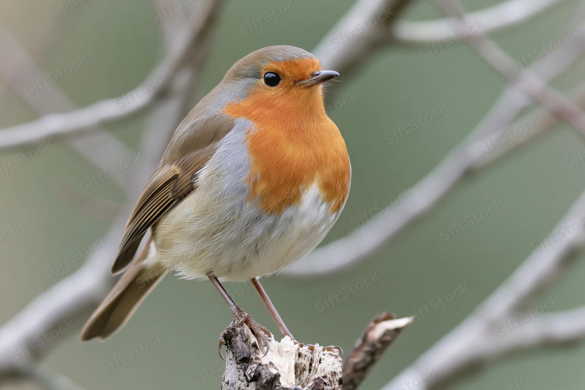 European robin perched upright on a short broken tree stump in a woodland setting