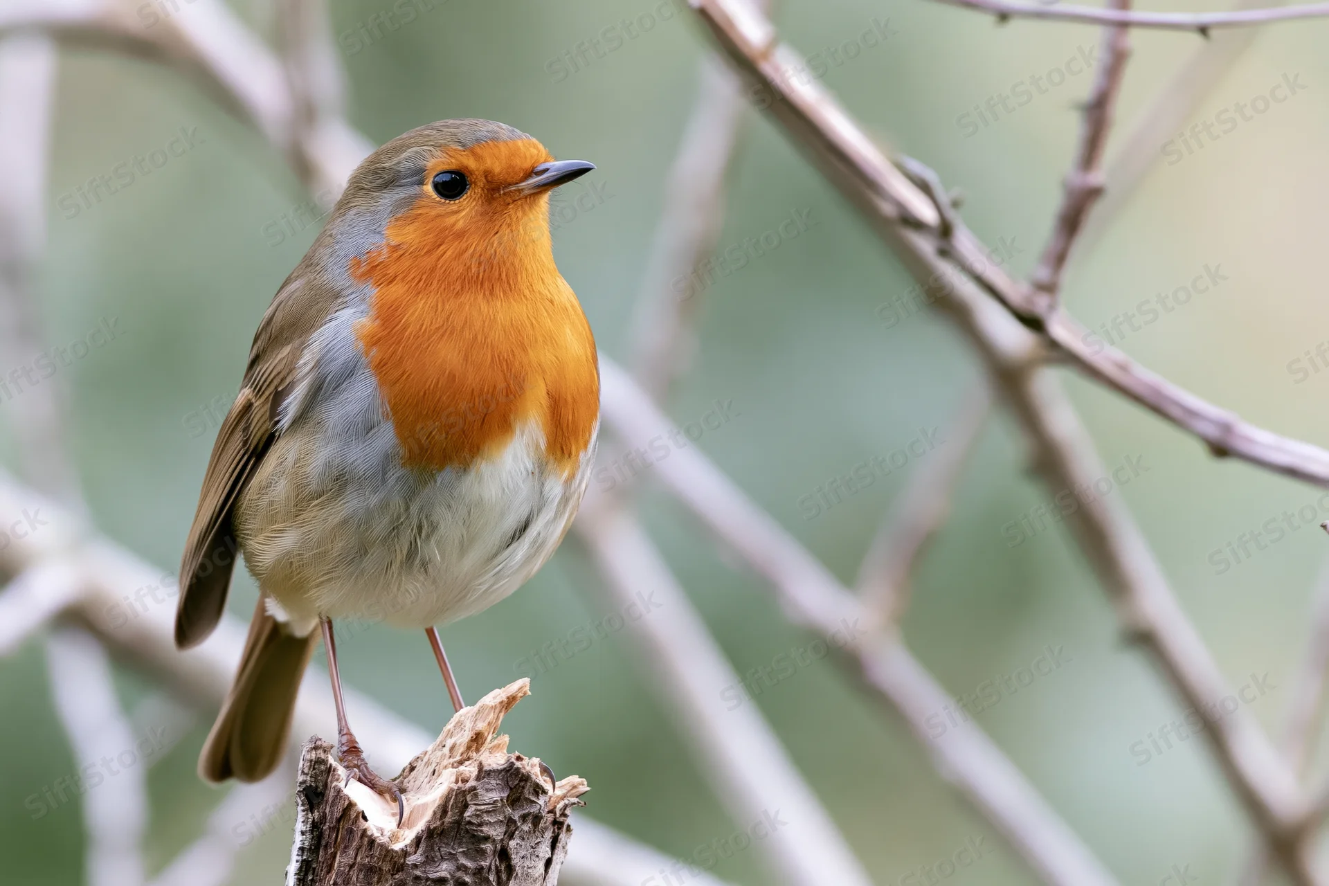 European robin perched upright on a short broken tree stump among bare branches in a woodland setting