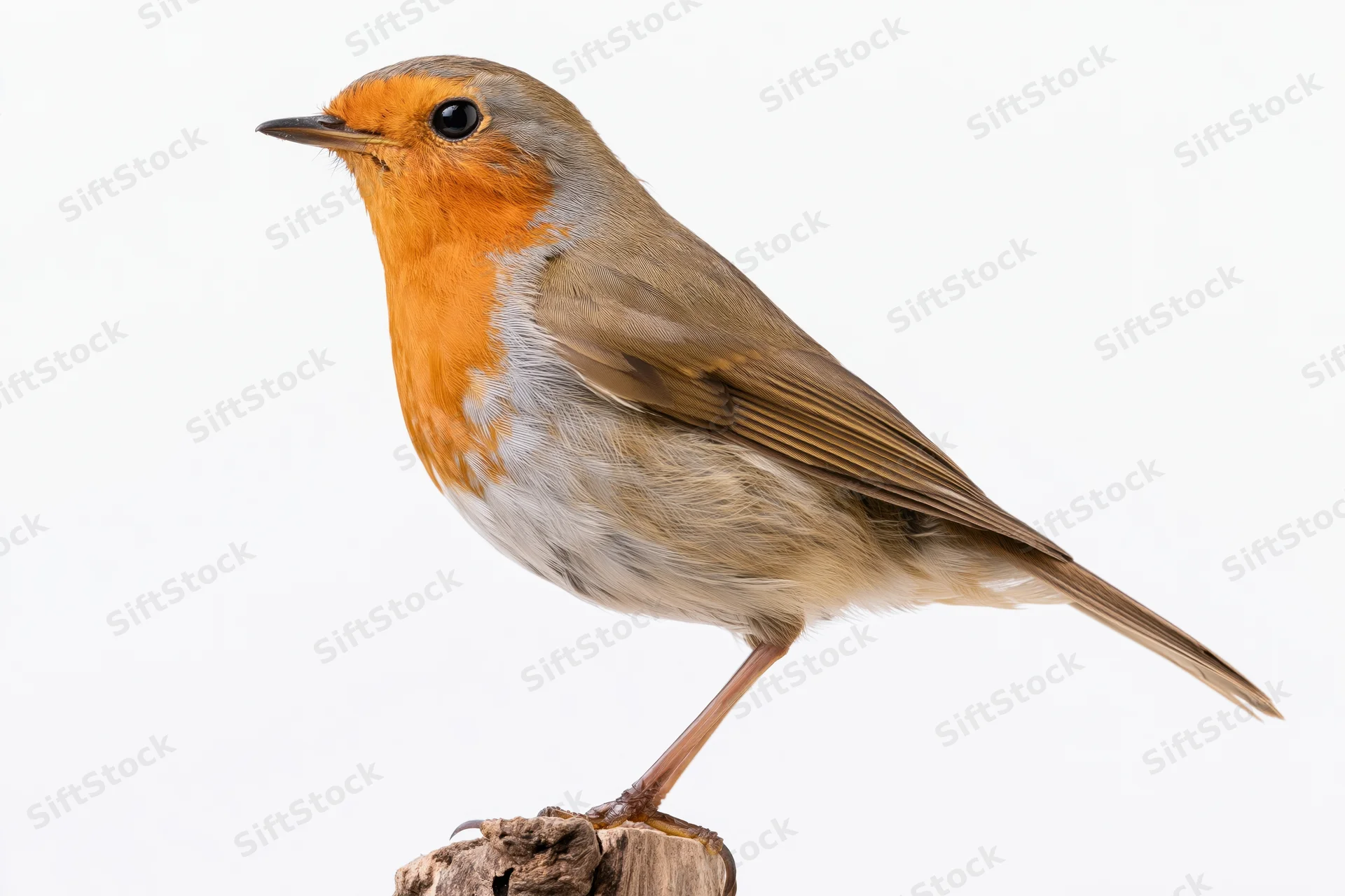 European robin perched upright on a small weathered wooden stump against white background
