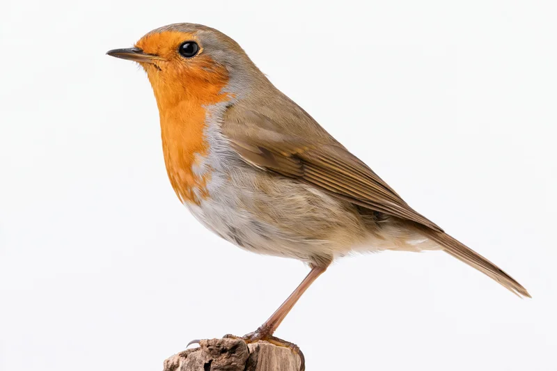 European robin perched upright on a small weathered wooden stump against white background