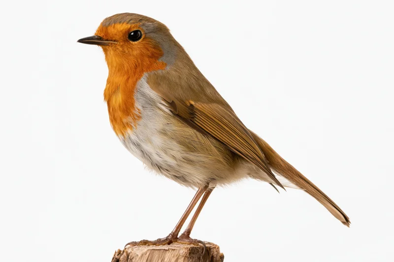 European robin perched upright on a small weathered wooden stump against white background