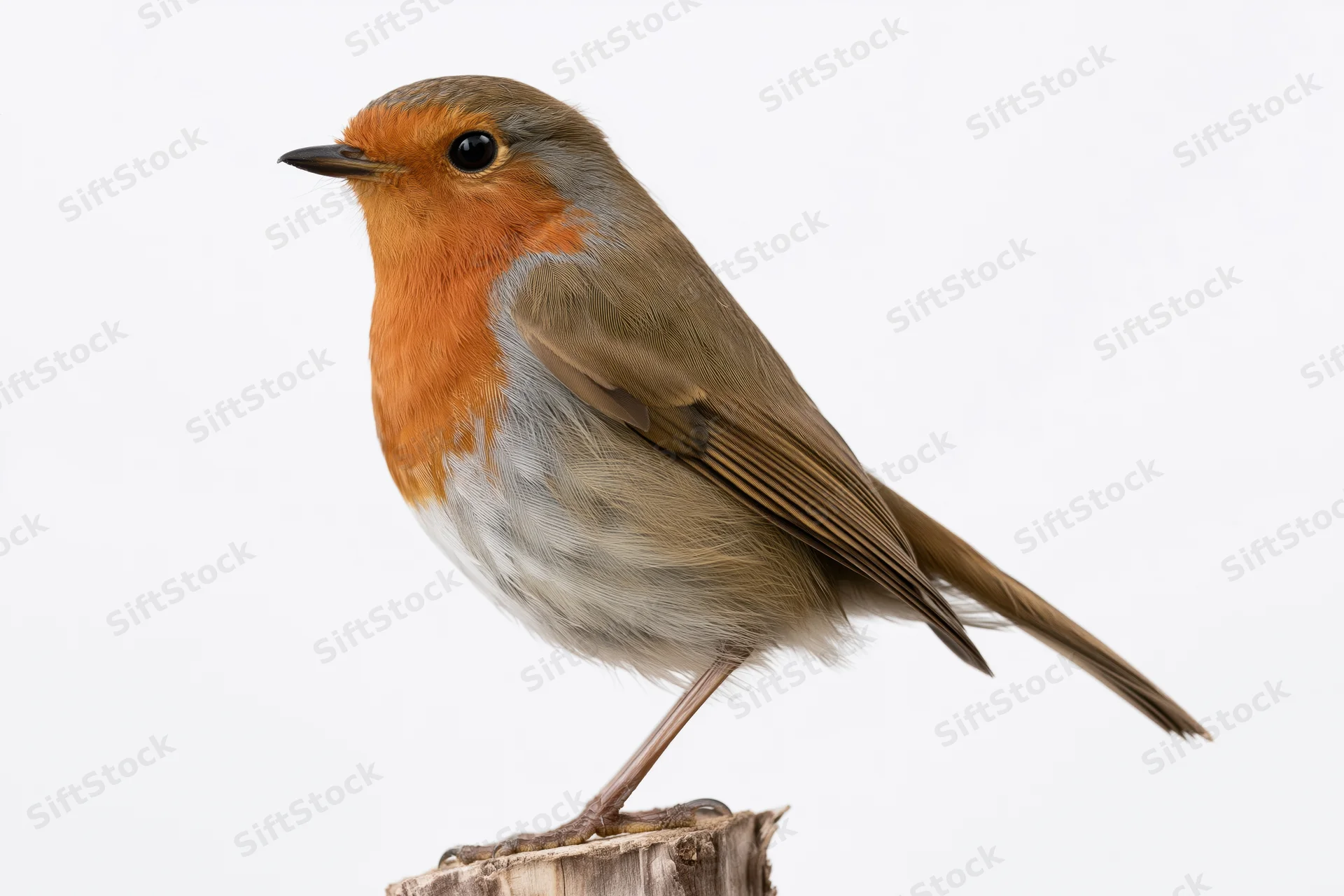 European robin perched upright on a small weathered wooden stump against white background