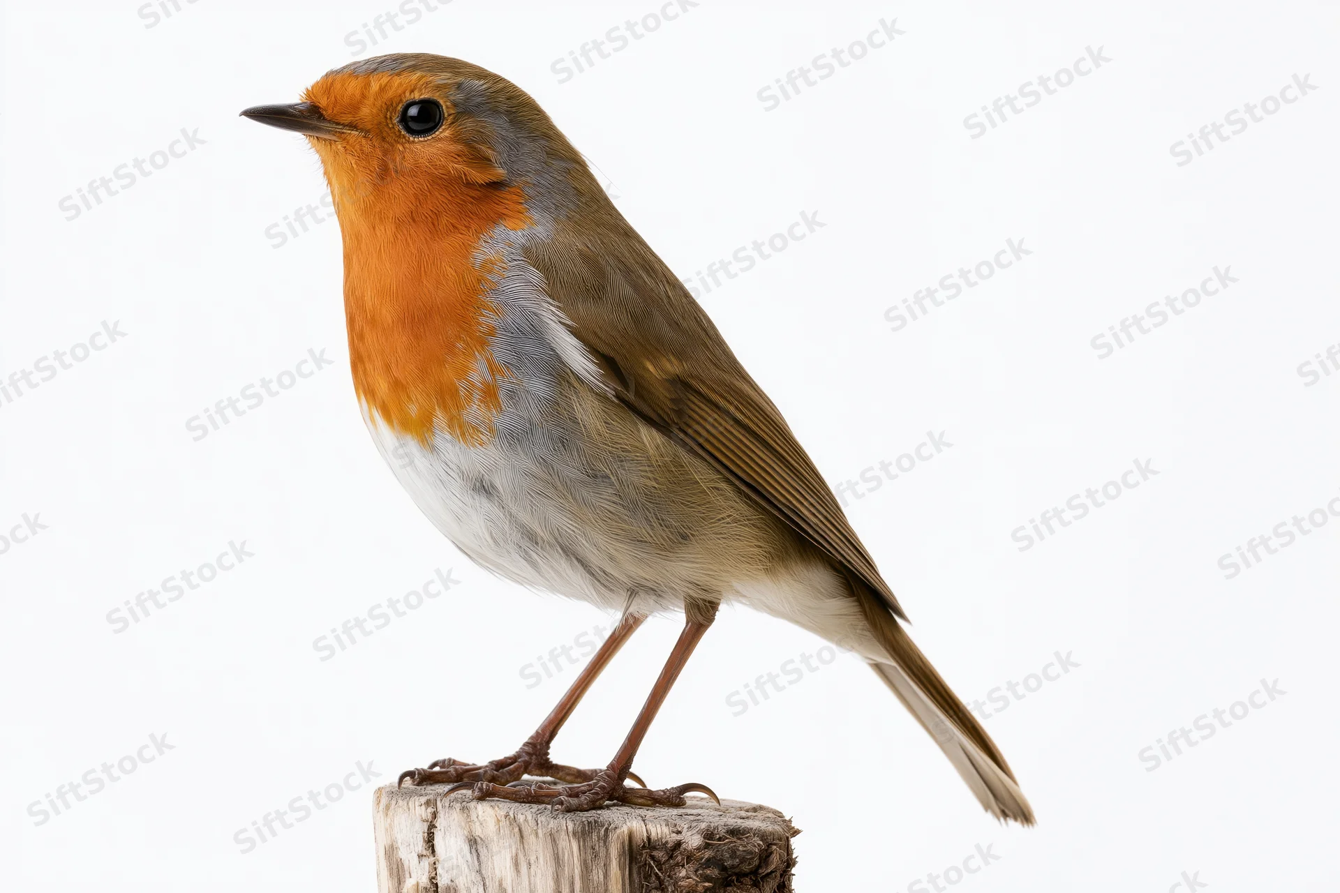 European robin perched upright on a small weathered wooden stump against white background