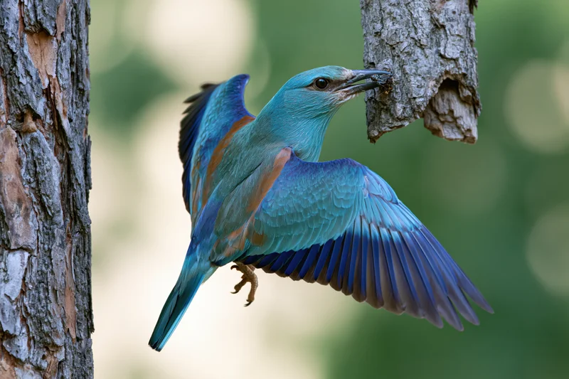 European roller bird with wings spread clinging to tree trunk in forest habitat