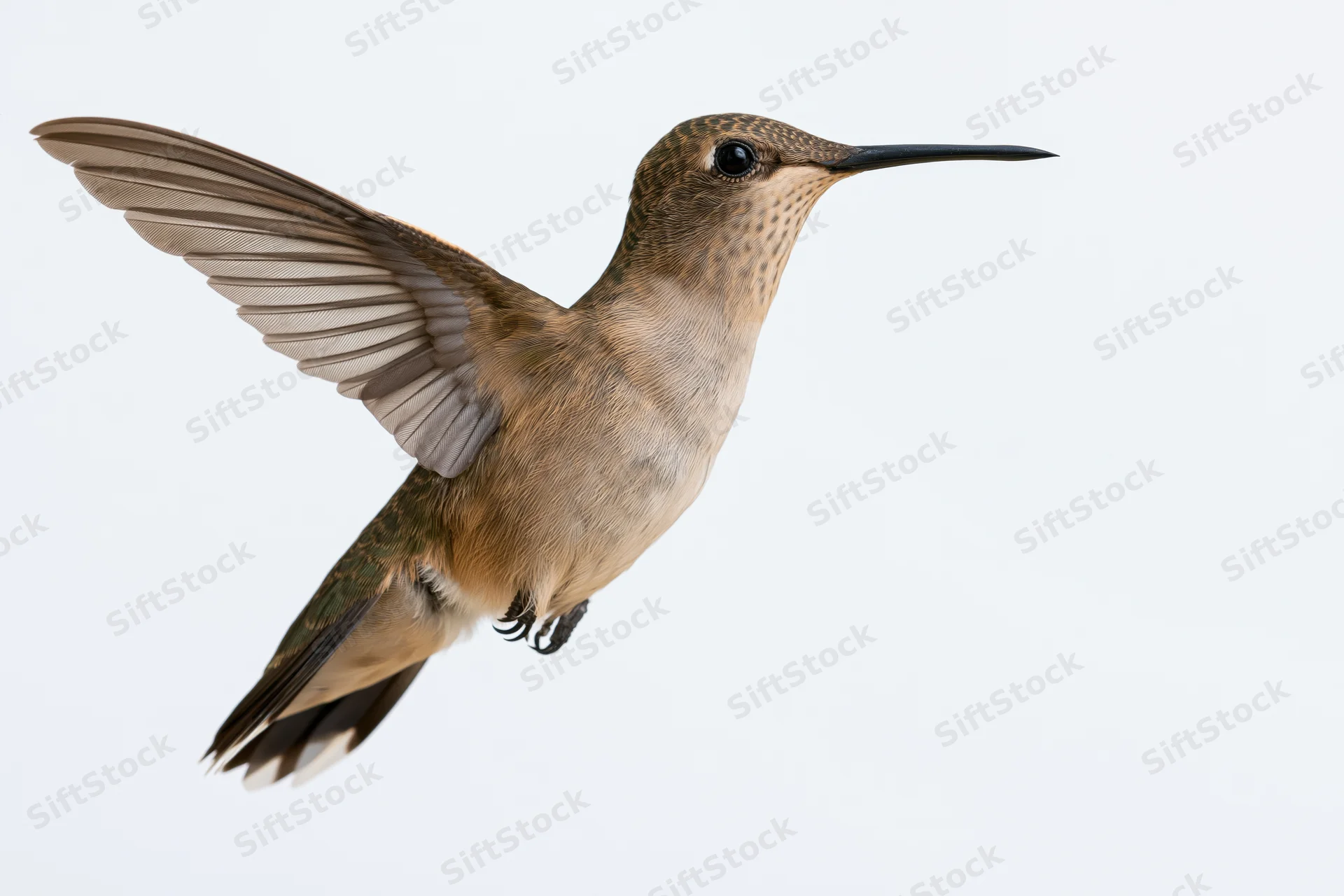Female rubythroated hummingbird hovering mid-flight with wings spread against white background