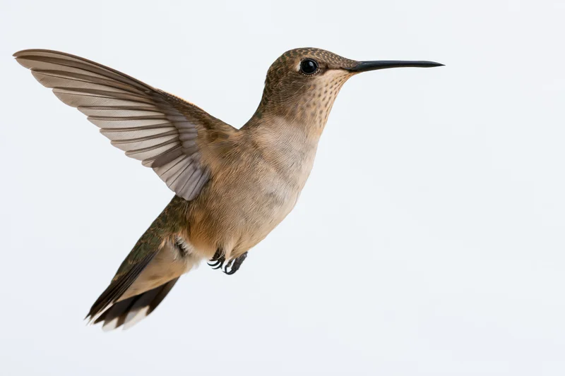 Female rubythroated hummingbird hovering mid-flight with wings spread against white background