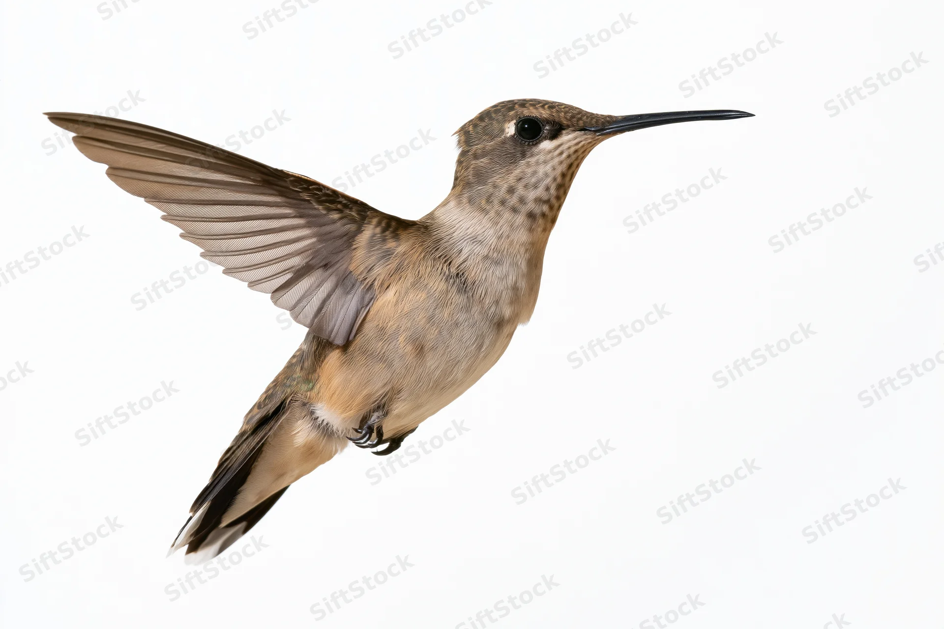 Female rubythroated hummingbird hovering mid-flight with wings spread against white background