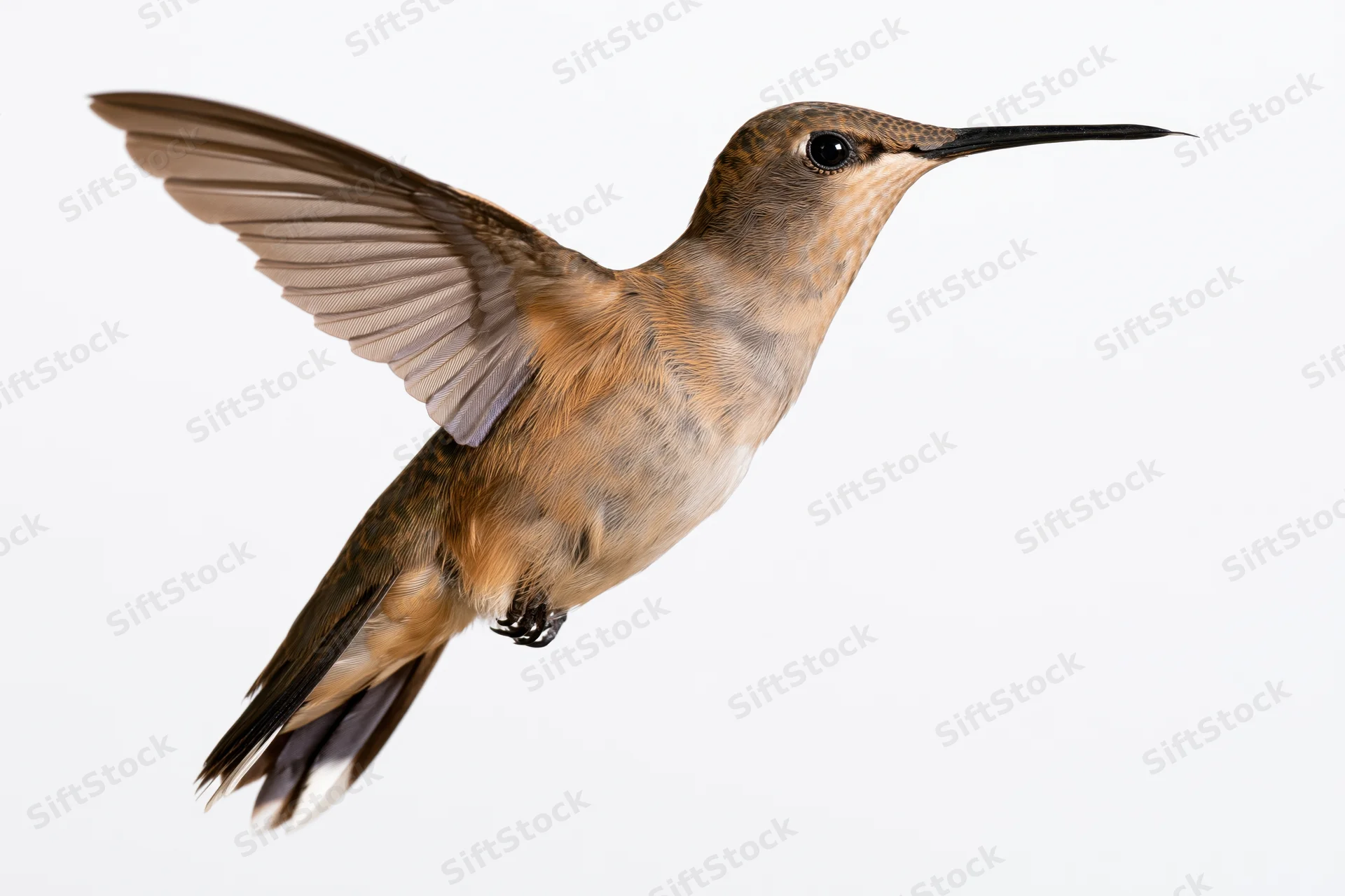 Female rubythroated hummingbird hovering mid-flight with wings extended against white background