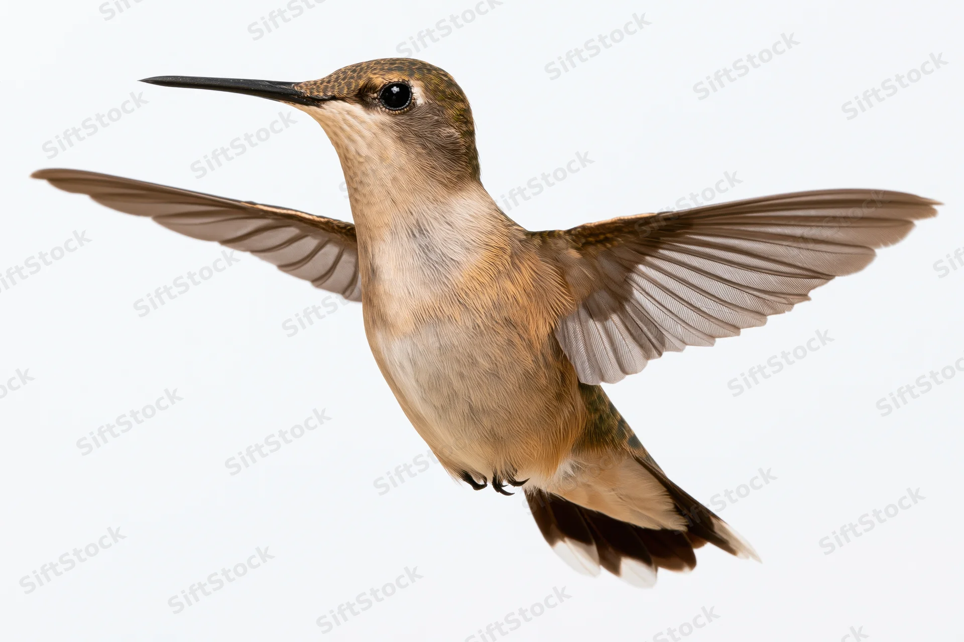 Female rubythroated hummingbird hovering mid-flight with wings spread against white background