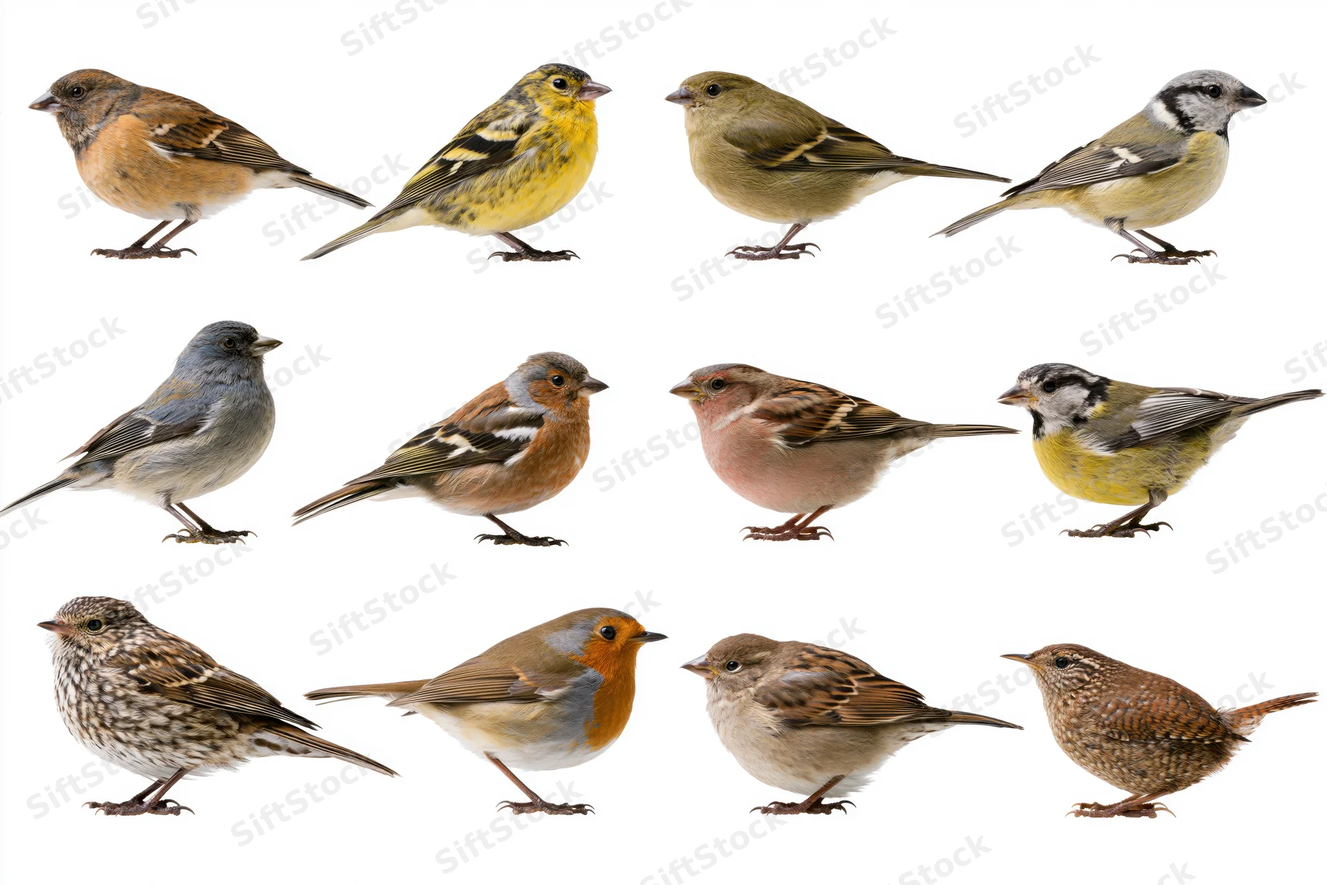 Fifteen small european garden birds arranged in three rows on white background