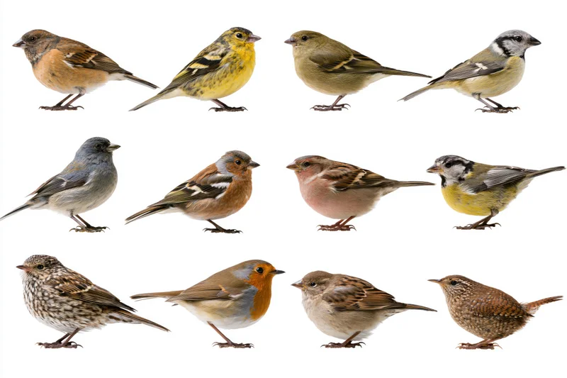 Fifteen small european garden birds arranged in three rows on white background