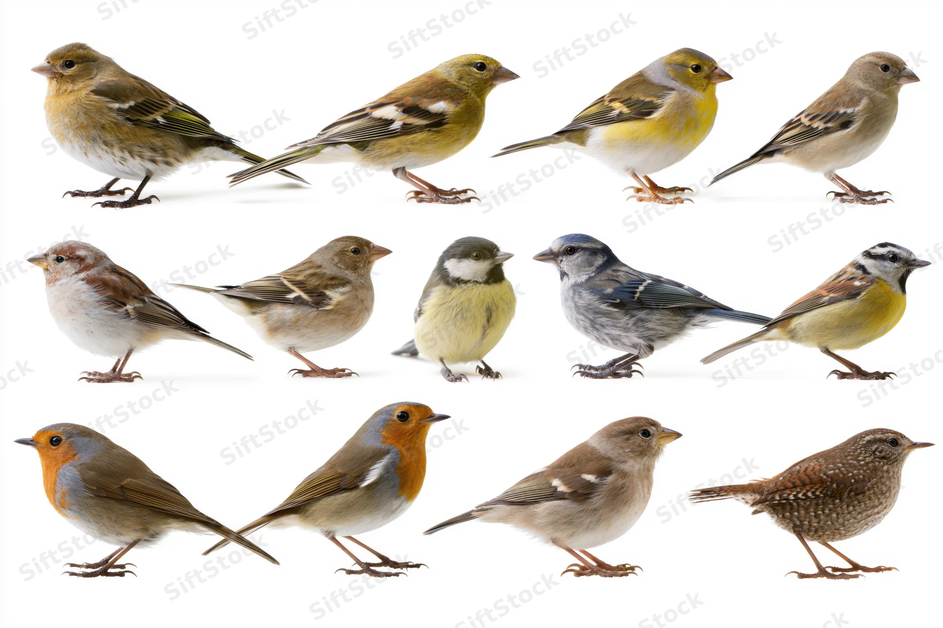Fifteen small european garden birds arranged in three rows on white background
