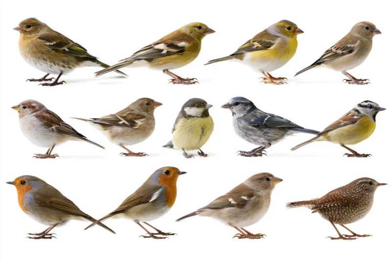 Fifteen small european garden birds arranged in three rows on white background