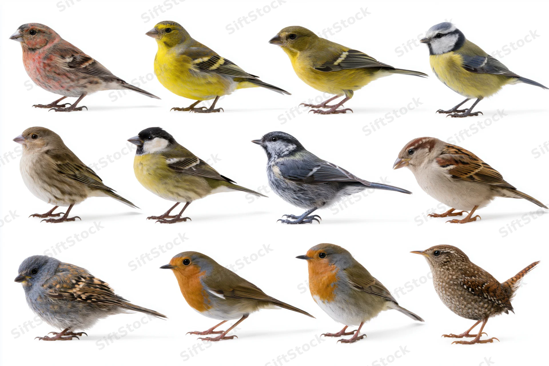 Fifteen small european garden birds arranged in three rows on white background