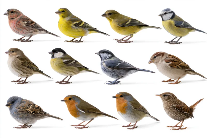 Fifteen small european garden birds arranged in three rows on white background
