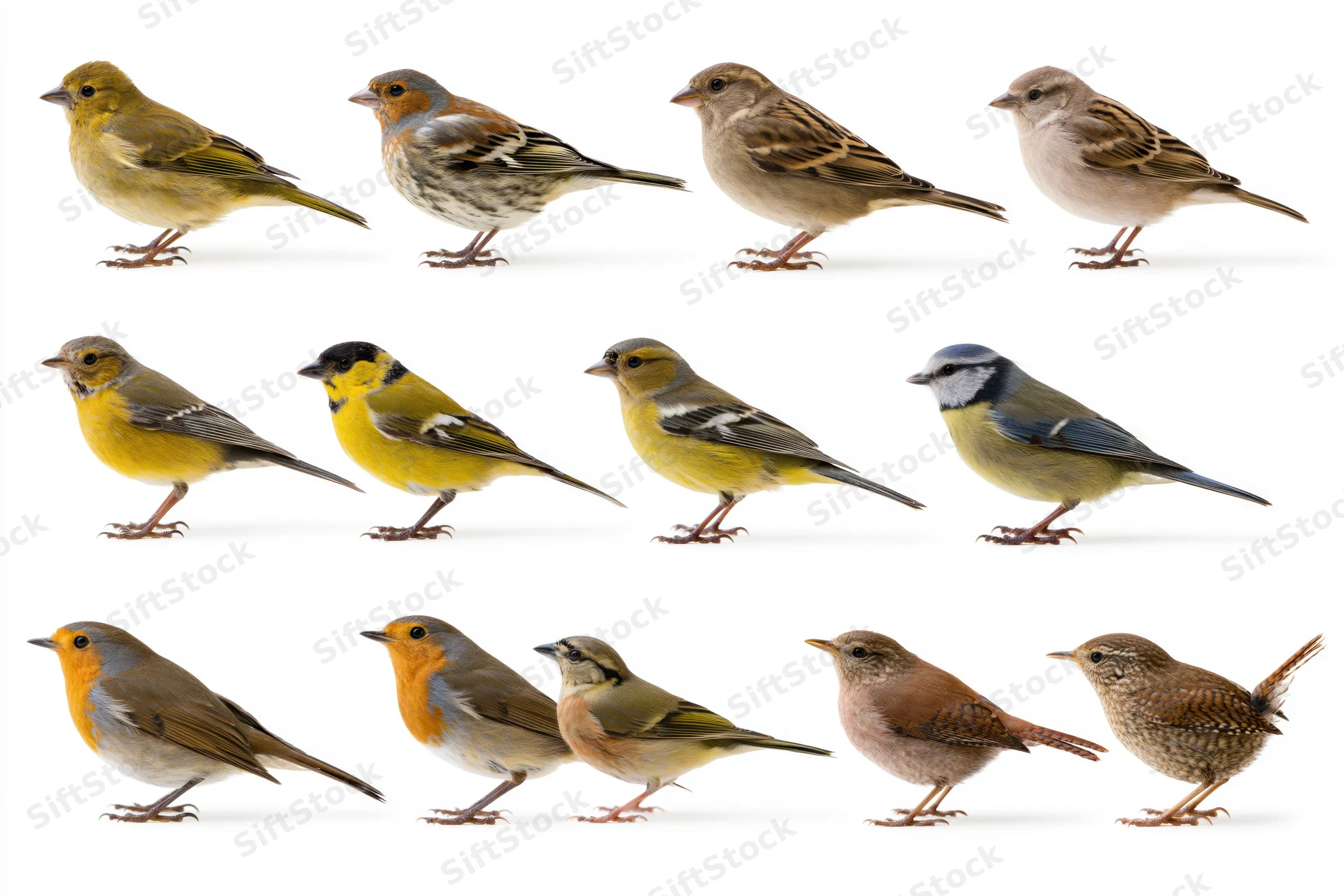 Fifteen small european garden birds arranged in three rows on white background