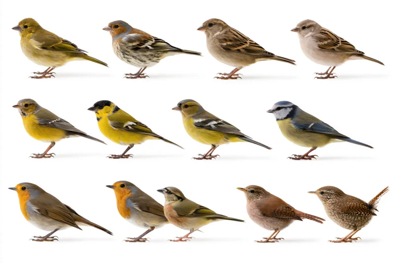 Fifteen small european garden birds arranged in three rows on white background