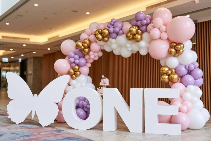 Balloon arch with white butterfly and large ONE letters at a first birthday party dessert table setup