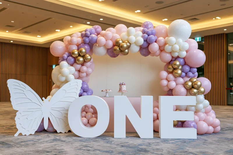 First birthday party dessert table with balloon arch and large white ONE sign and butterfly decoration