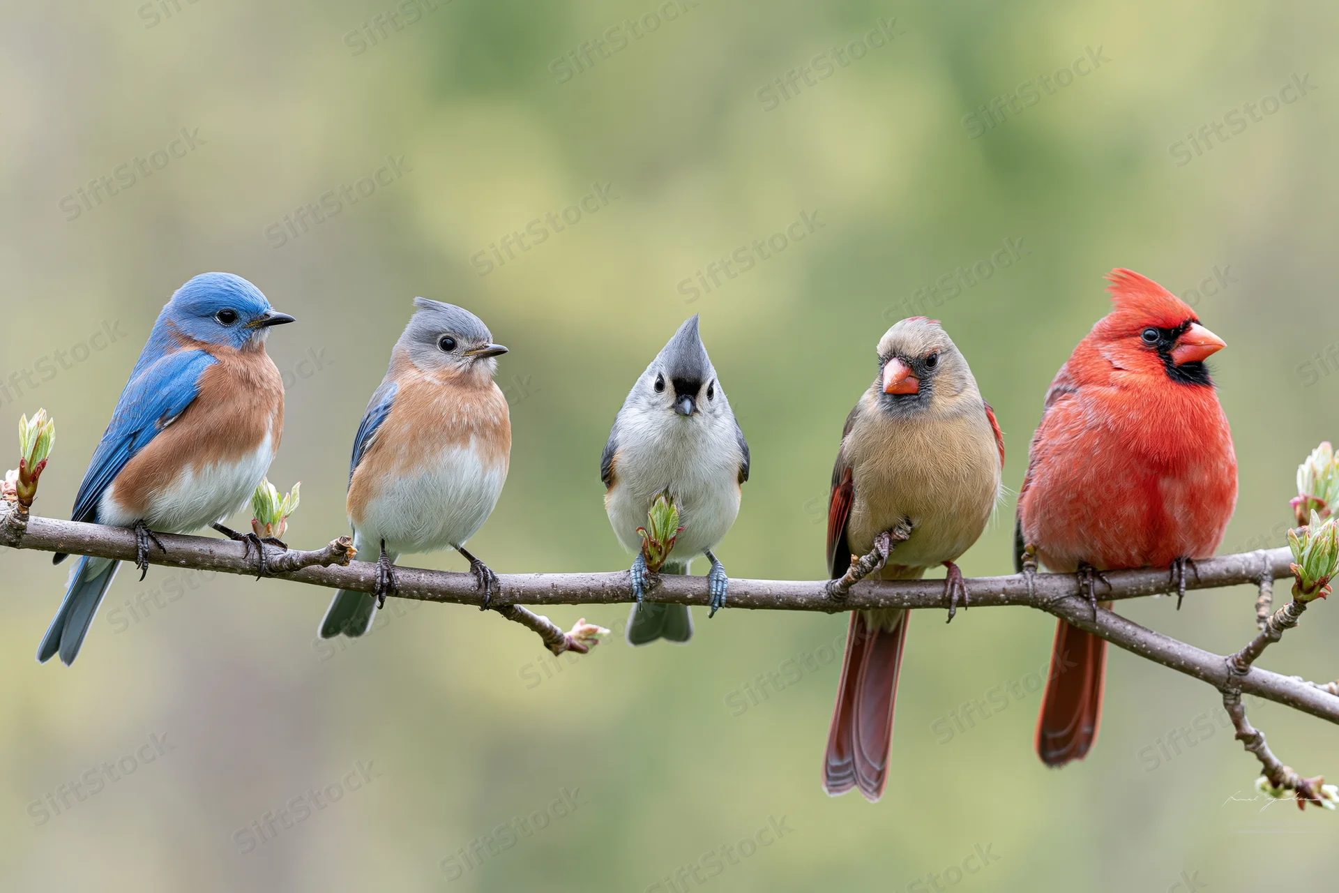 Five songbirds perched in a row on a budding tree branch in spring