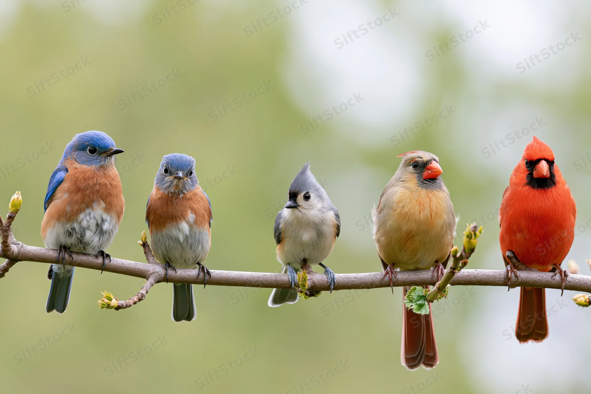 Five songbirds perched in a row on a tree branch in spring garden