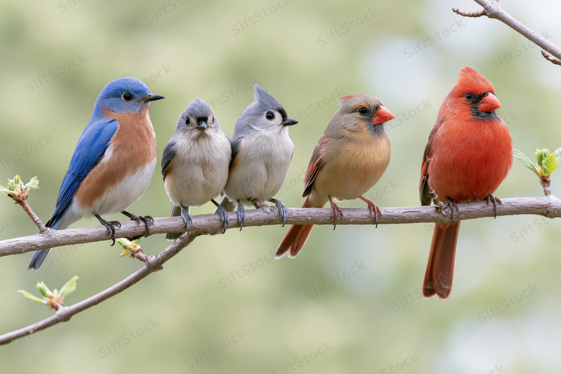Five songbirds perched in a row on a tree branch in a spring garden
