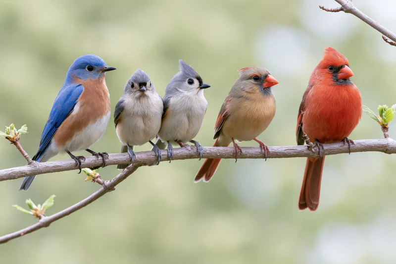 Five songbirds perched in a row on a tree branch in a spring garden